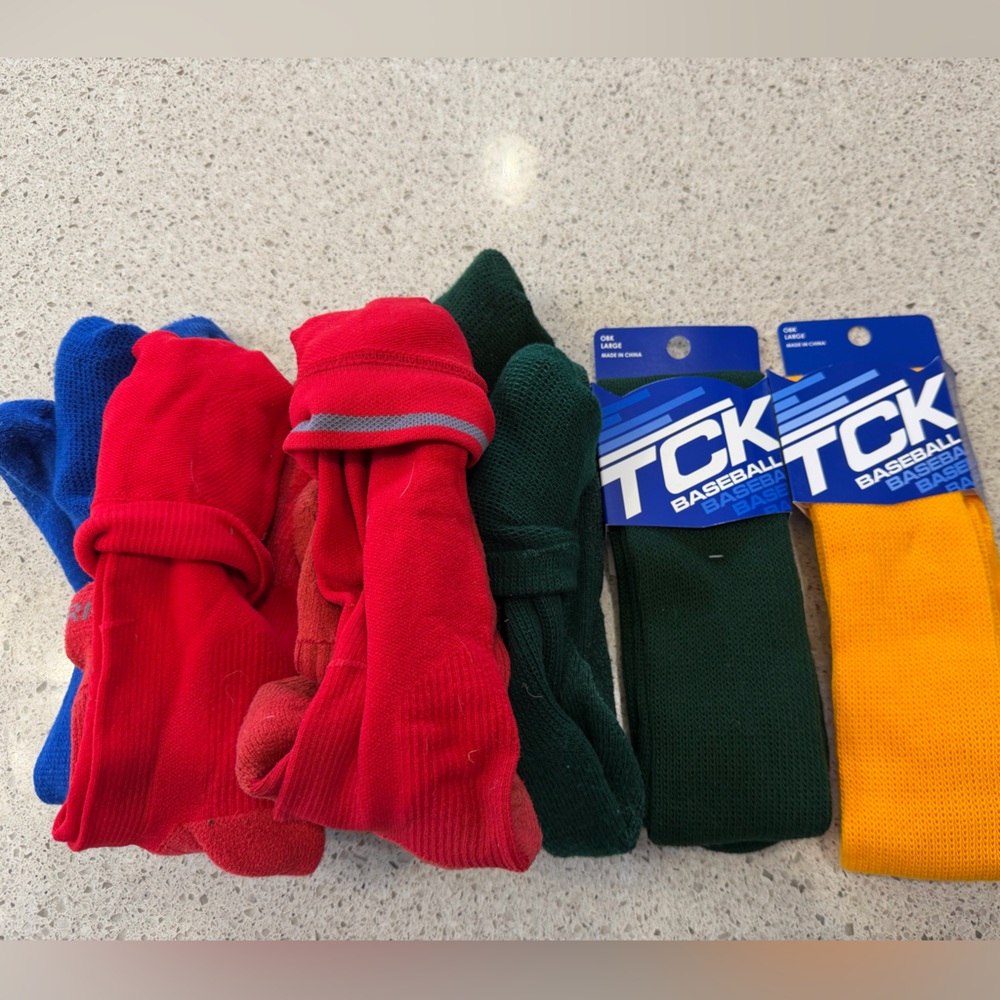 8 pairs- TCK, Nike and Pro-feet Baseball Socks - Green, Yellow, Blue, Red